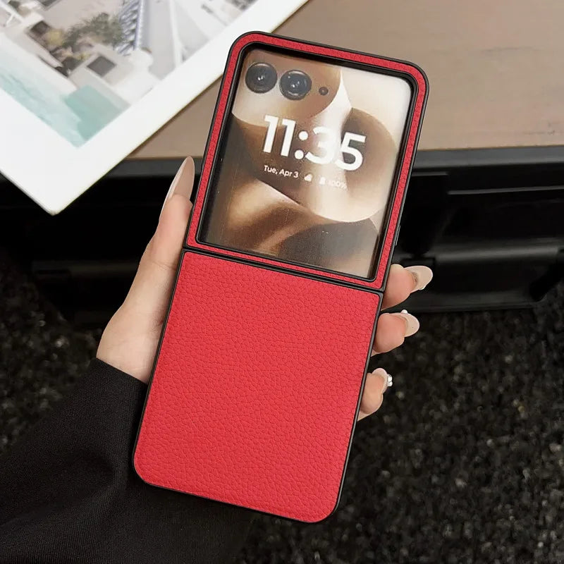 For Motorola MOTO Razr 50 60 Ultra, Razr Ultra 2025 Case ELVEV Vintage Lichee Pattern PU Leather Hard PC Phone Cover