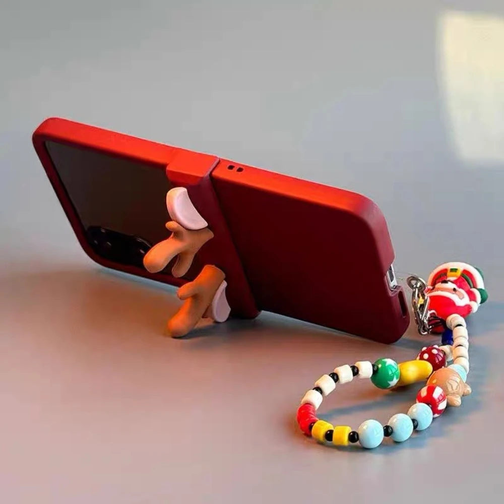 Cute 3D Deer Antler Flip Christmas Case for Motorola Razr 50 Ultra 50ultra with Bear Santa Claus Lanyard Xmas Protective Cover