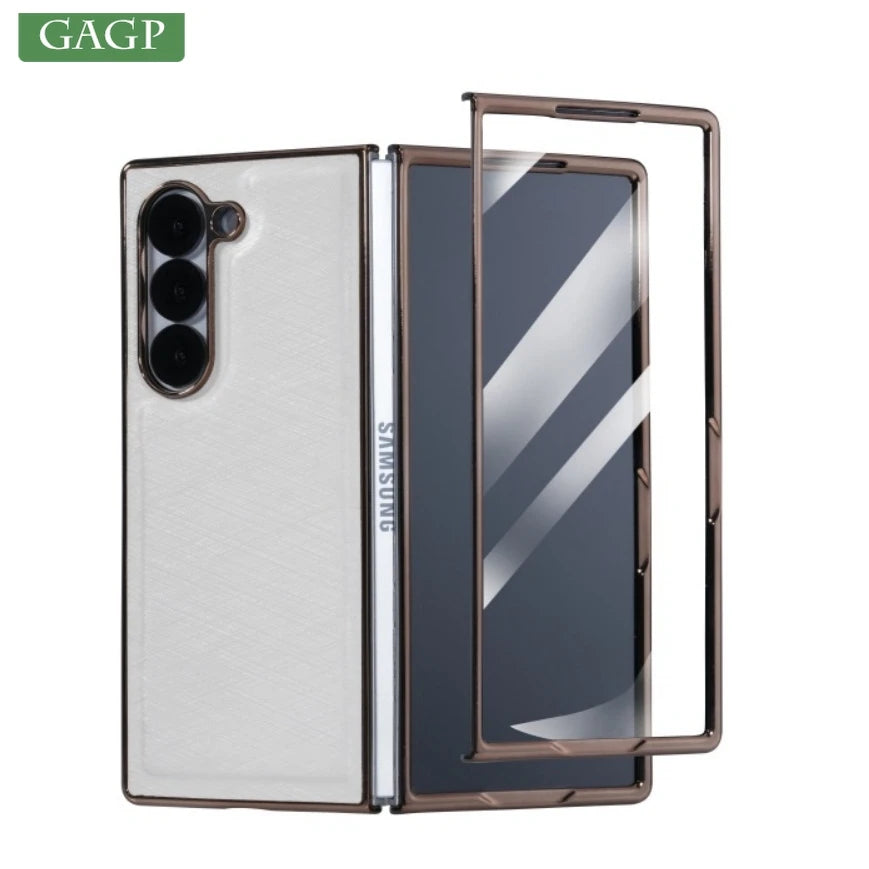 For Samsung Z Fold 7 Leather Case Luxury PC Electroplate Built-in Screen Protector Full Body Cover for Samsung Galaxy Z Fold 6 5
