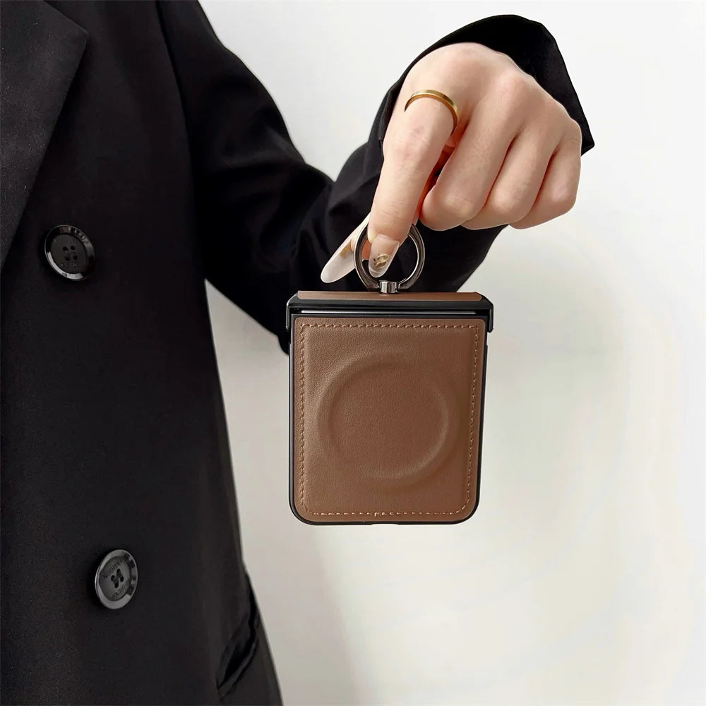 Luxury Leather Ring Holder for Magsafe Case for Samsung Galaxy Z Flip 6 5 4 3 7 flip6 Flip5 Magnetic Bracket Shockproof Cover