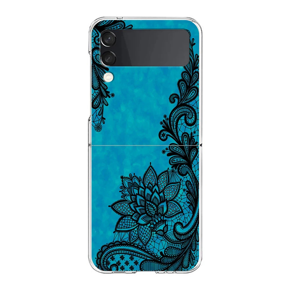 Transparent Phone Case For Samsung Galaxy Z Flip 3 4 5 6 7 Hard Folding PC Z Flip3 Flip4 Cover Lace Printed