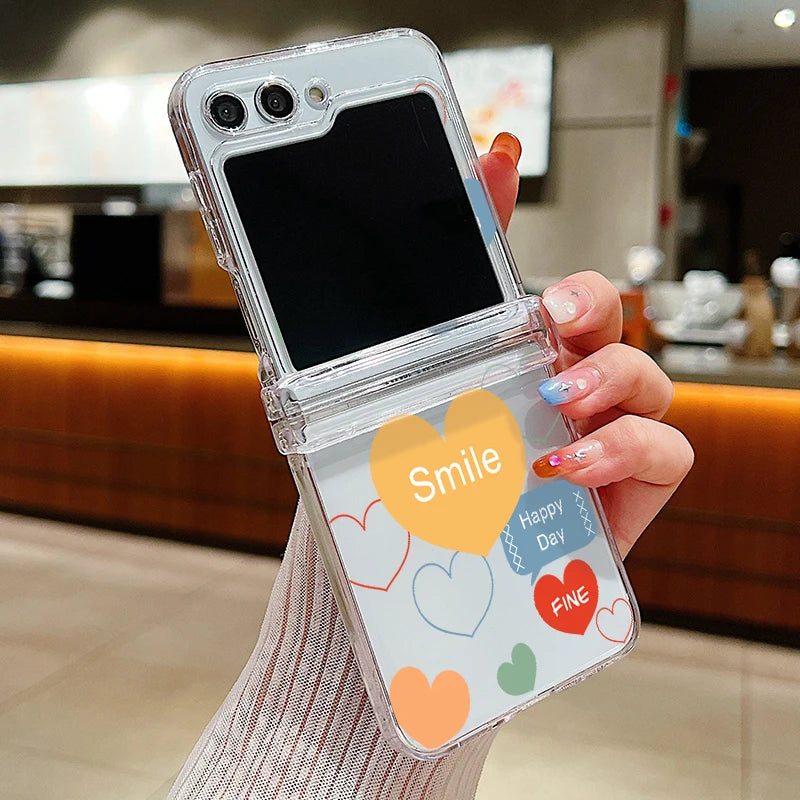 Love Heart Print Transparent Phone Case For Samsung Galaxy Z Flip7 FE Flip6 Folding Hard Cover For Samsung Z Flip 7 6 5 4 3 5G