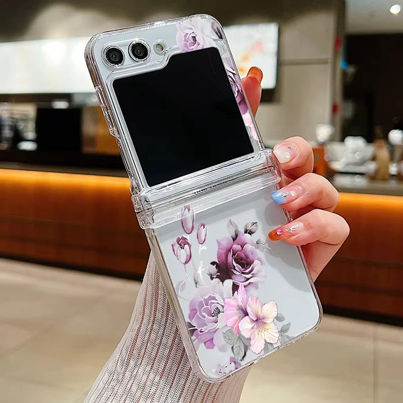 Flowers Pattern Clear Case For Samsung Galaxy Z Flip 7 FE 6 5 4 5G Folding Soft TPU Phone Cover For Samsung Z Flip5 Flip6 Flip7