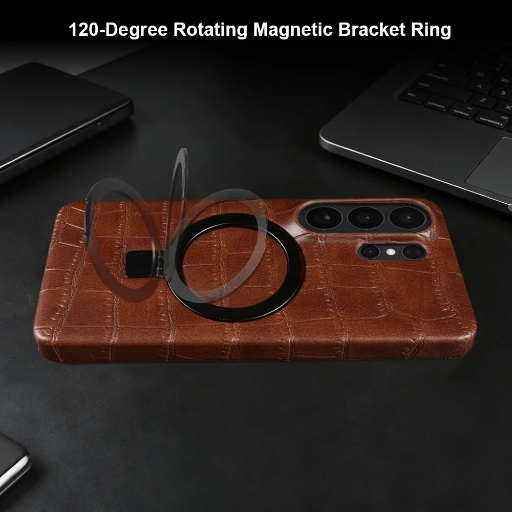 Magnetic Case For Samsung Galaxy S26 Ultra S25 Plus S24 FE S23 S22 S21 S20 Phone Case Back Cover Bracket Ring Crocodile Leather
