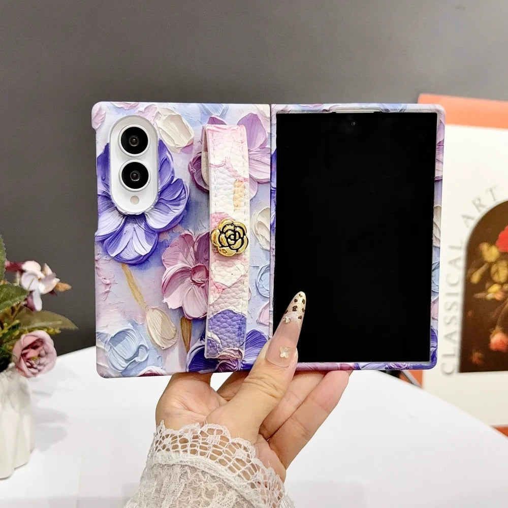 INS Relief Colorful Oil Painting Flower Lanyard All-inclusive Case For Samsung Galaxy Z Fold 8 Ultra Fold 7 Wrist Strap PC Cover