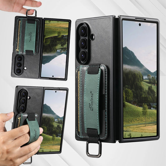 Oil Wax Leather Moblie Phone Case for Samsung Galaxy Z Fold 7 Fold6 5 Wrist Strap Ring Card Slot Wallet Holder Anti-fall Cover
