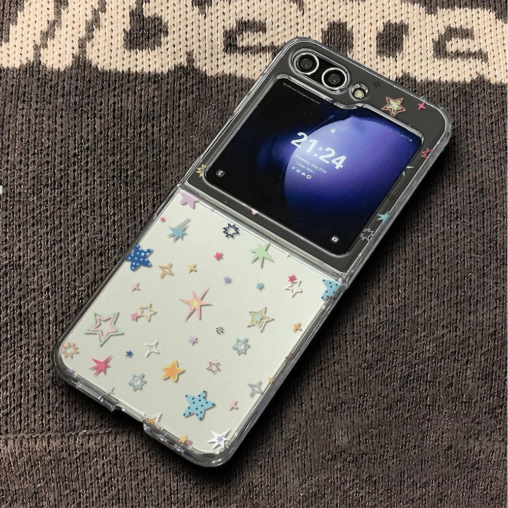 Ins Colorful Stars Print Phone Case For Samsung Galaxy Z Flip 7 6 ZFlip 5 Clear Folding Cover For Samsung ZFlip 7FE 4 3 Shells