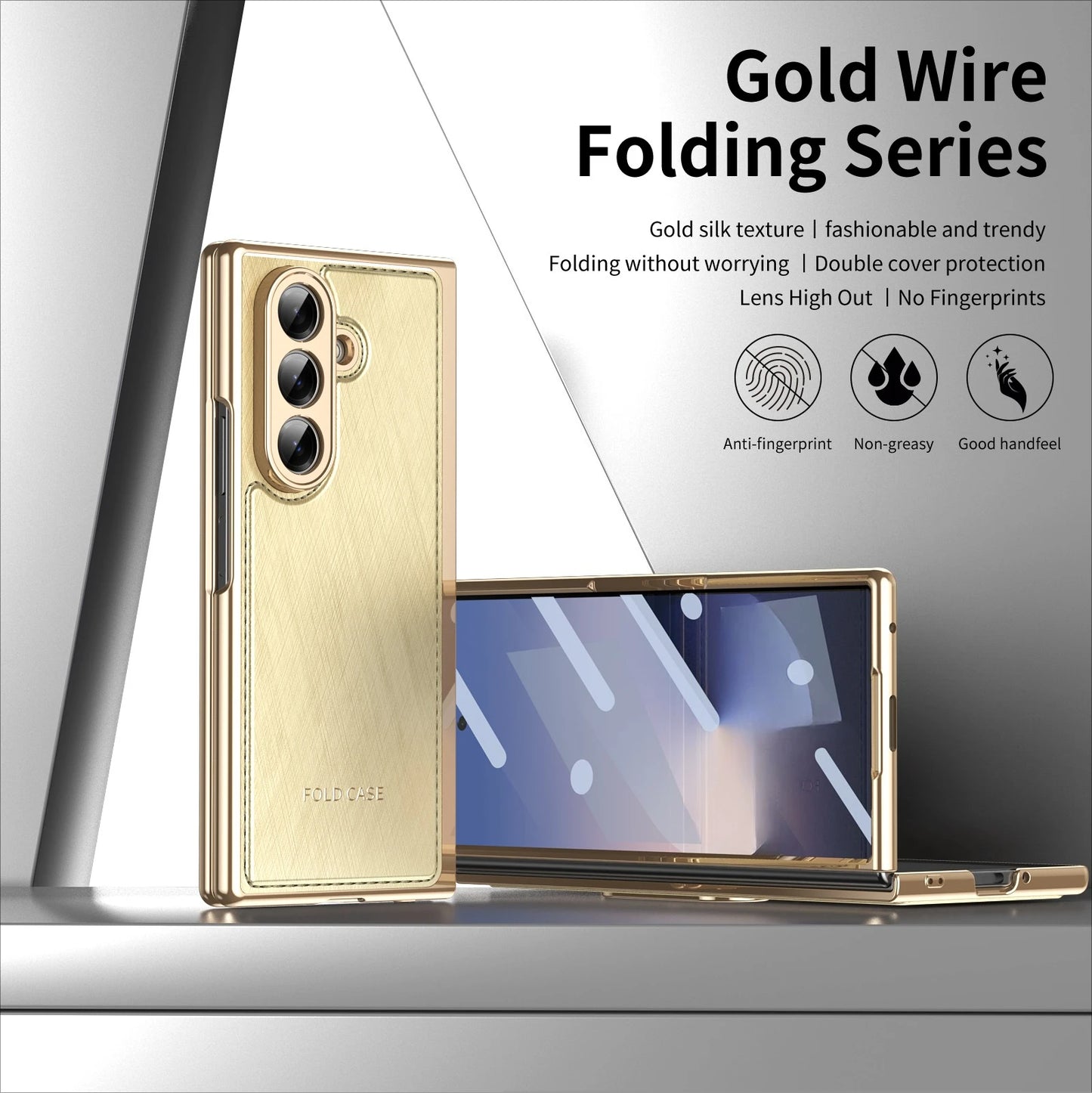 Golden Border Leather Phone Case with Steel Film for Samsung Galaxy Z Fold 7 6 5 4 3 Fold6 Hinge Protection Shockproof Cover