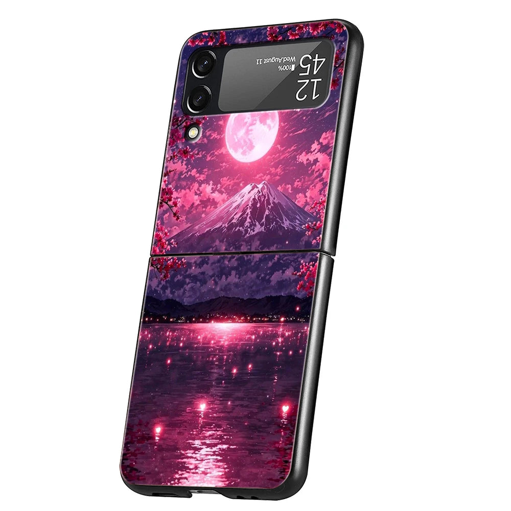 Hard PC Phone Case For Samsung Galaxy Z Flip 7 6 5 4 Black Cover For Galaxy Z Flip 3 Foldable Shockproof Pink Sunset Mountain