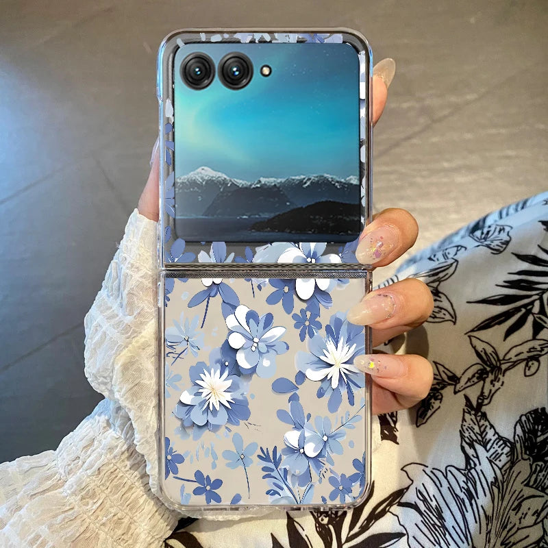 Blue Flowers Pattern Phone Case For Motorola Razr 60 50 40 Ultra Razr60 Razr50 Razr40 Shockproof Hard Transparent Folding Cover