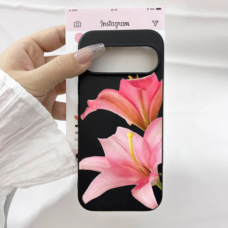 Pink Lily Flower Pattern Phone Case For Google Pixel 10 Pro XL 9 8A 9 8 Pro 7 6A 5G INS Cute Floral Clear Soft TPU Cover Fundas