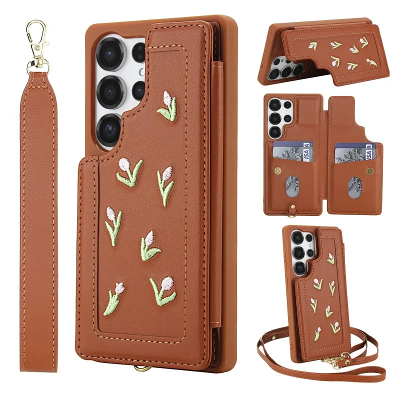 Lanyard Leather Wallet Phone Case For Samsung Galaxy S25 Edge Ultra S24 FE S23 Plus A56 A36 A16 A55 A35 A15 A54 A34 A14 Cover