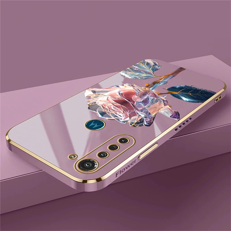 Luxury Plating Flower Case For Moto G8 Power Lite G9 Play E7 Plus Edge20 G30 G52 G22 G60 G40 Fusion Silicone Shockproof Cover