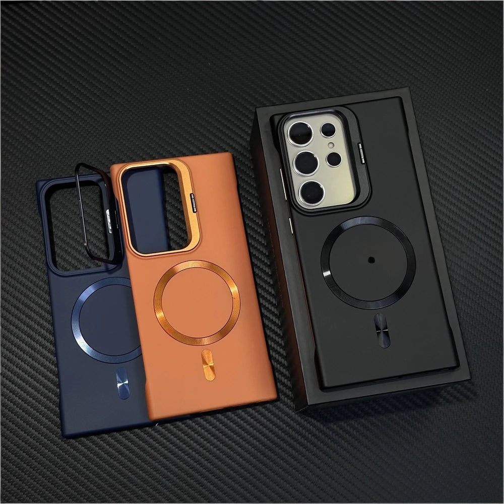 Luxury Broderless Magnetic Camera Stand Holder Case For Samsung S26 Ultra S25 FE S24 Plus For Magsafe Wireless Charging Cover