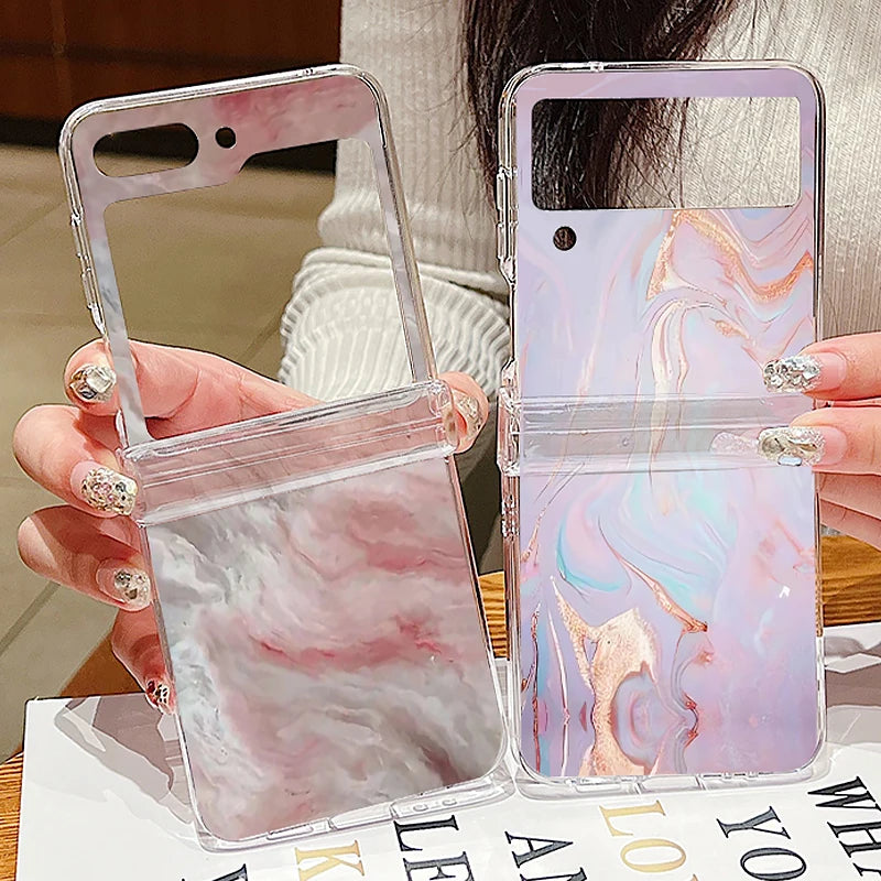 Ink Marble Pattern Clear Phone Case For Samsung Galaxy Z Flip7 FE Flip5 Flip6 Folding Hard Cover For Samsung Z Flip 7 6 5 4 3 5G