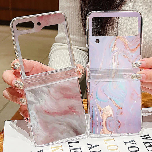 Ink Marble Pattern Clear Phone Case For Samsung Galaxy Z Flip7 FE Flip5 Flip6 Folding Hard Cover For Samsung Z Flip 7 6 5 4 3 5G