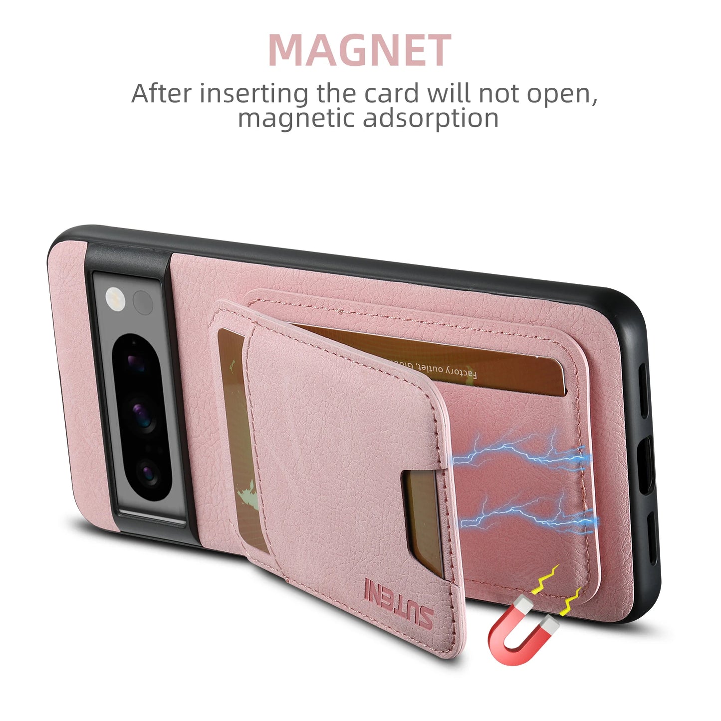 Lychee SUTENI Luxury Faux Leather Stand Card Holder Phone Case Frosted Feel for Google Pixel 10 9 Pro XL 8 Pro 7 6 A Cover
