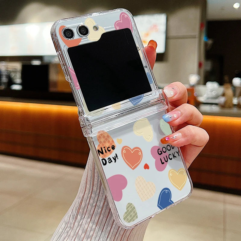 Love Heart Print Transparent Phone Case For Samsung Galaxy Z Flip7 FE Flip6 Folding Hard Cover For Samsung Z Flip 7 6 5 4 3 5G