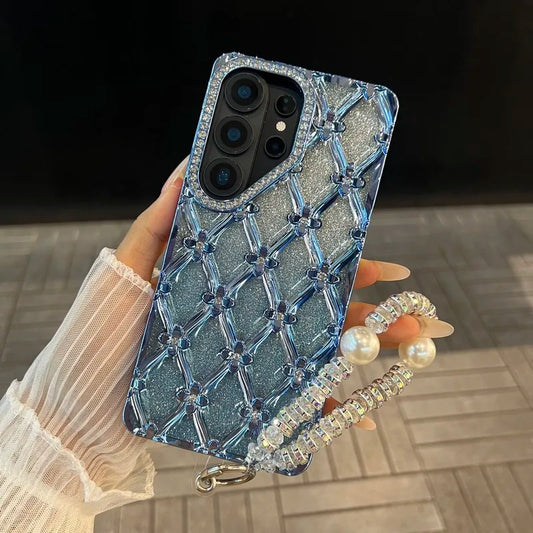 Glitter Diamond Rhombus Bracelet Chain Phone Case For Samsung Galaxy S26 Ultra S23 S24 S25 Plus Ultra A16 Cover With Lanyard