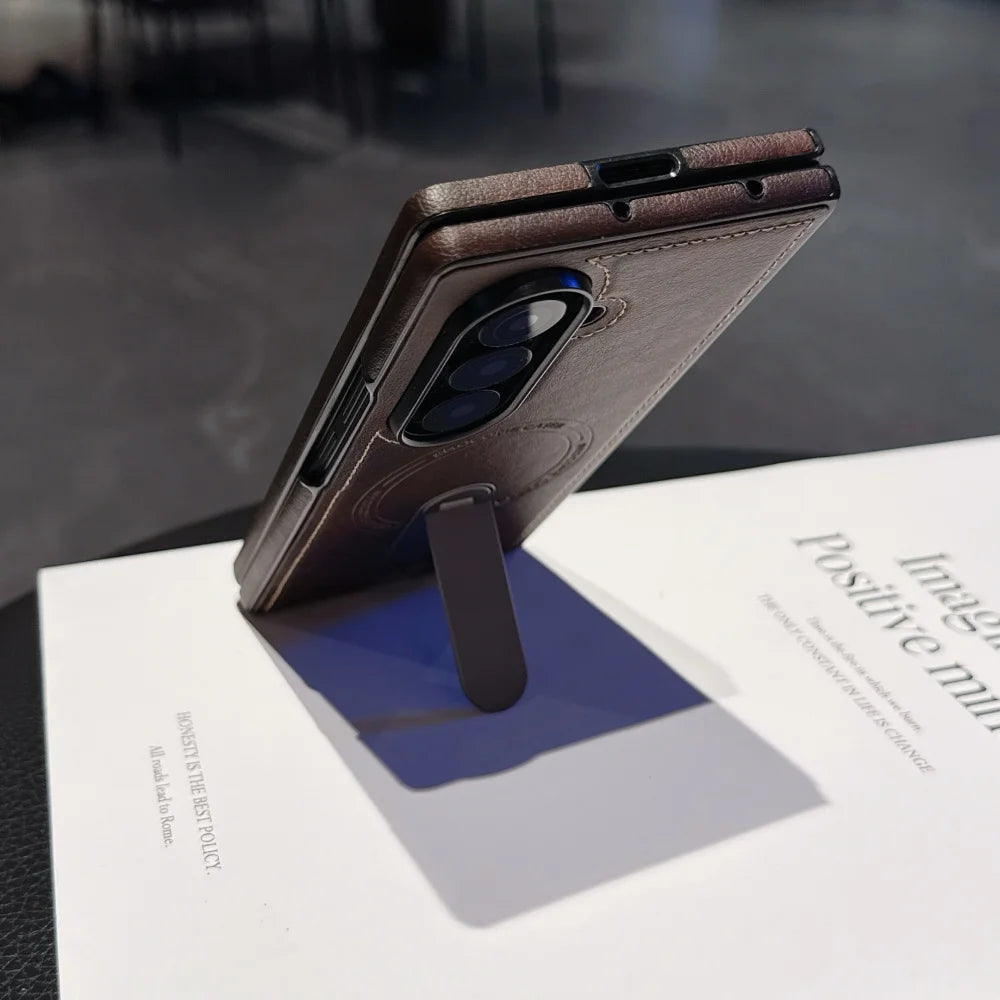 Luxury Magnetic Leather Case For Samsung Galaxy Z Fold 7 6 5 4 3 5G Folding Bracket Holder Wireless Charging Cover For Zfold7