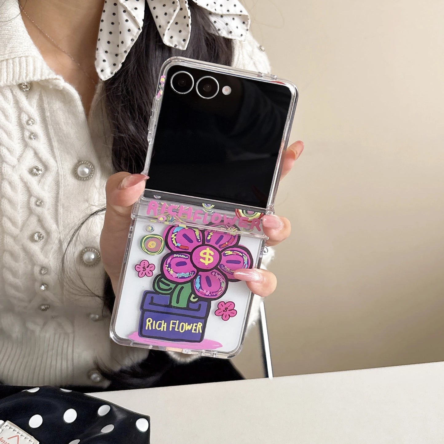 for Samsung Galaxy Z FLIP 7 6 5 4 3 flip7 flip6 2in1 Rope Strap Pendant Fold Phone Case Ins New Rich Flowers Shockproof Cover