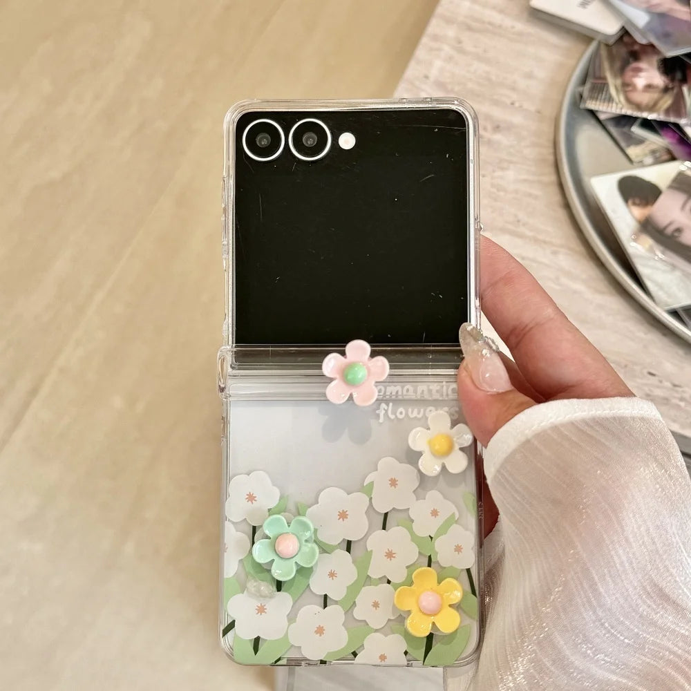 Cute 3D Flower Beads Wrist Chain Case for Samsung Galaxy Z Flip 7 6 5 zflip 3 4 Flip7 Bracelet Hard Acrylic Ins Korean Cover