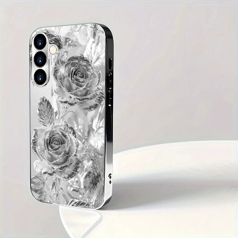 Gold-plated tempered glass phone case, compatible Galaxy S26 S25 S24 S23 S22 Ultra Plus. Features a silver rose design.