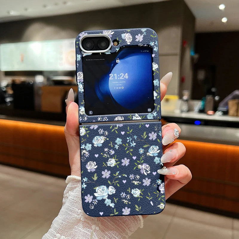 Romantic Garden Flower Case For Samsung Z Flip4 Flip5 Flip6 5G Leather Texture TPU Folding Cover For Samsung Galaxy Z Flip 3 4 5