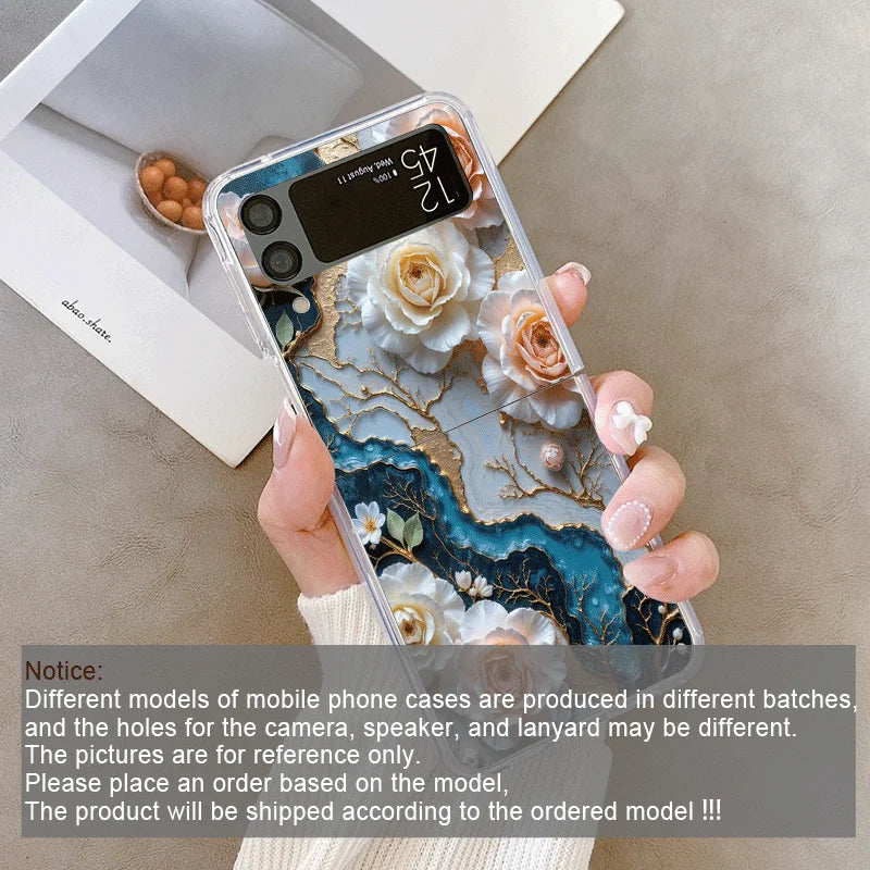 White Camellia Flower Marble Texture Phone Case for Samsung Galaxy Z Flip 7 Flip6 5 4 3 5G Folding Cover for Z Flip7 Flip5 Shell