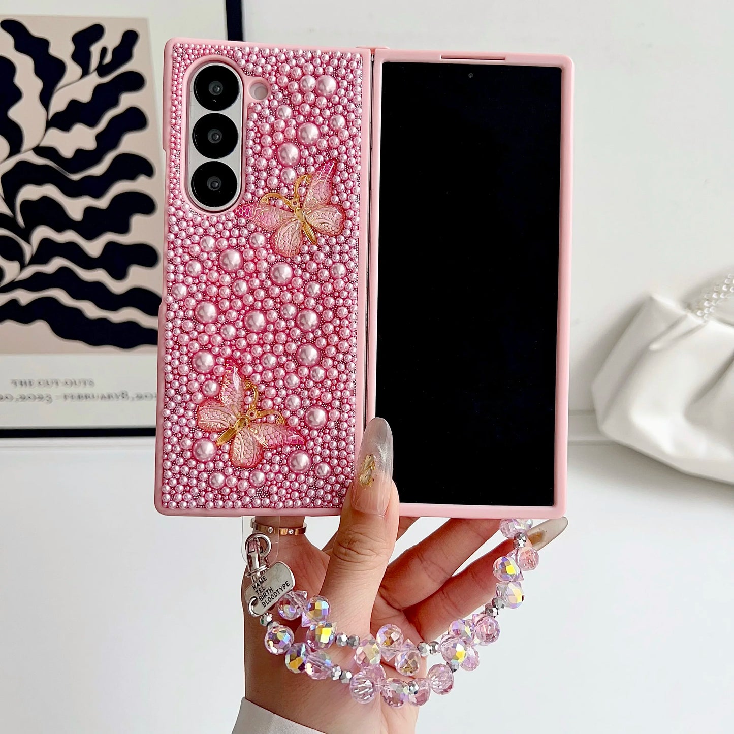 Fashional Crystal Bracelet Pearl Butterfly Phone Case For Samsung Galaxy Z Fold 7 6 5 4 3 Unique Fall prevention Protector Cover