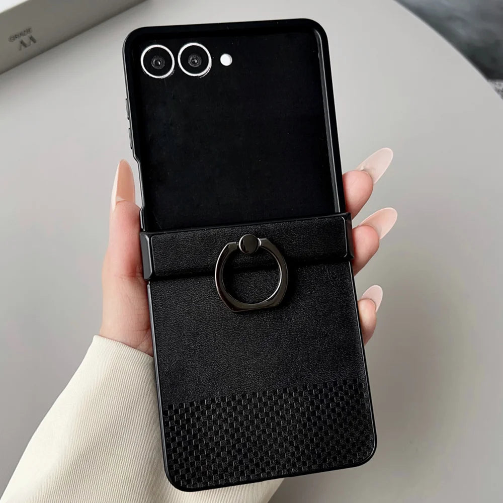 Luxury Leather Lattice Texture With Ring Phone Case For Samsung Galaxy Z Flip 3 4 5 6 7 7FE Hinge Anti-Scratch Back Phone Cover