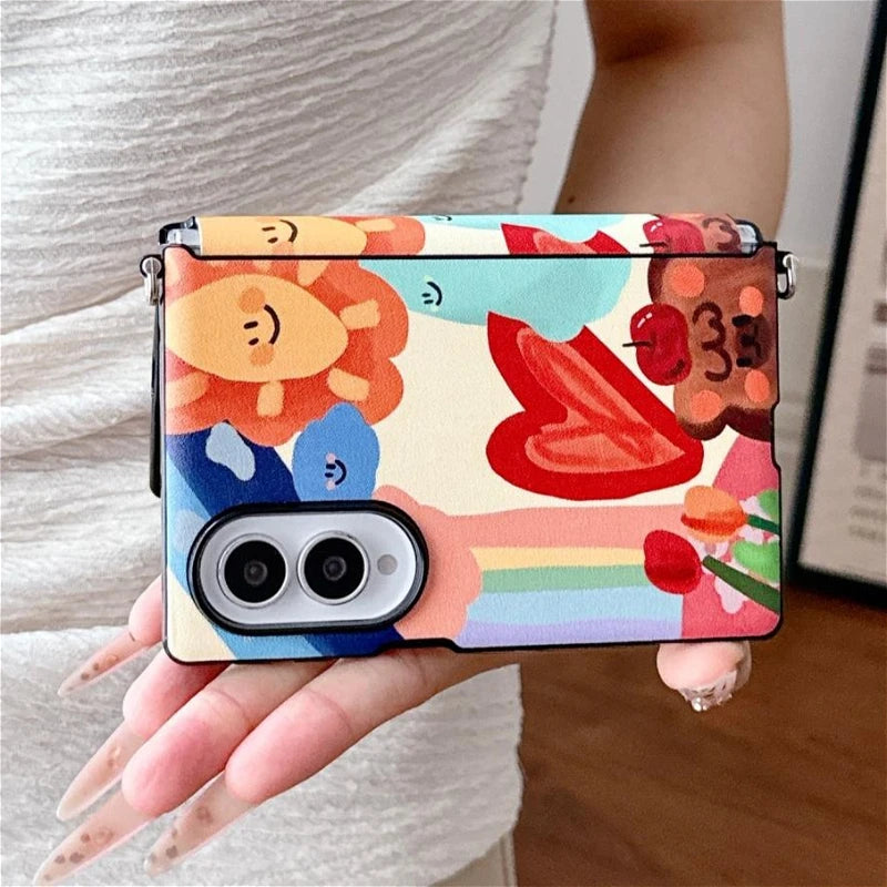 Luxury Oil Painting Sun Phone Case For Samsung Galaxy Z Fold 8 ZFold8 Side Buckle Protection Cover With Colorful Beads Chain
