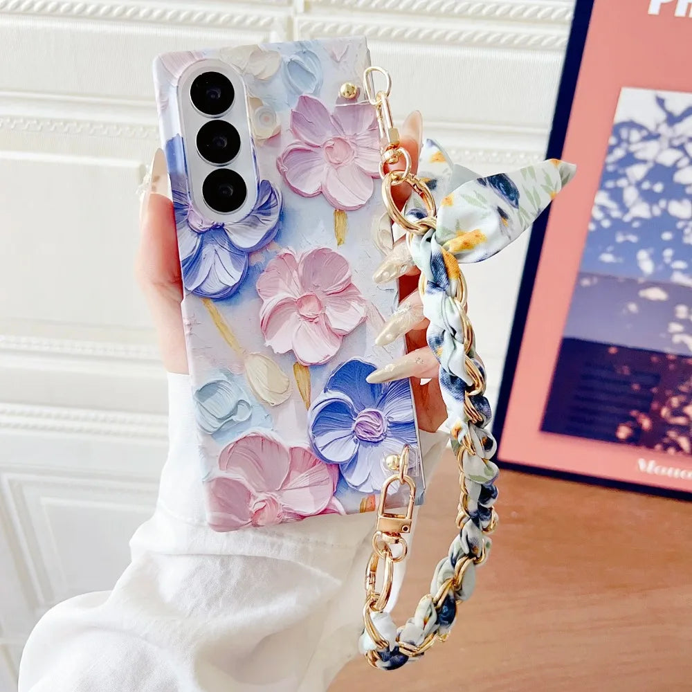 Classic Stylish Silk Wrist Strap Floating Flower Hard Phone Case for Samsung Galaxy Z Fold 7 5G 2025 Dopamine Protective Cover