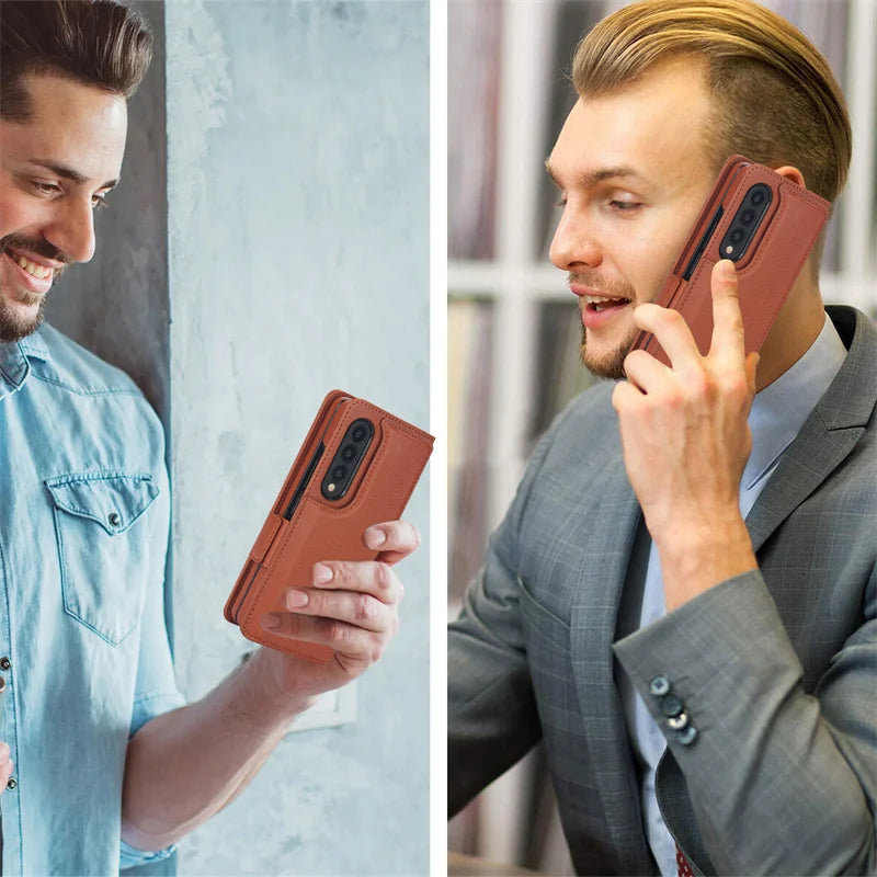 For Samsung Galaxy Z Fold 7 6 Leather Foldable Card Insert Pen Slot Phone Case For Z Fold5 Z Fold 3 4 Flip MultiFunctional Stand