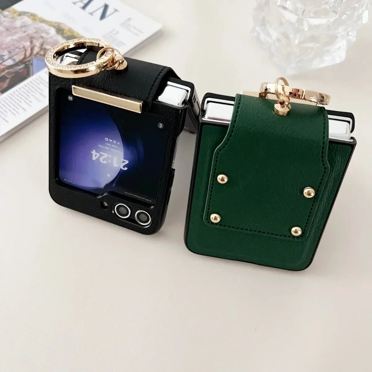 Fashion Leather Ring Holder Phone Case For Samsung Galaxy Z Flip 7 6 5 4 3 Zflip7 5G Folding Hinge Protection Shockproof Cover