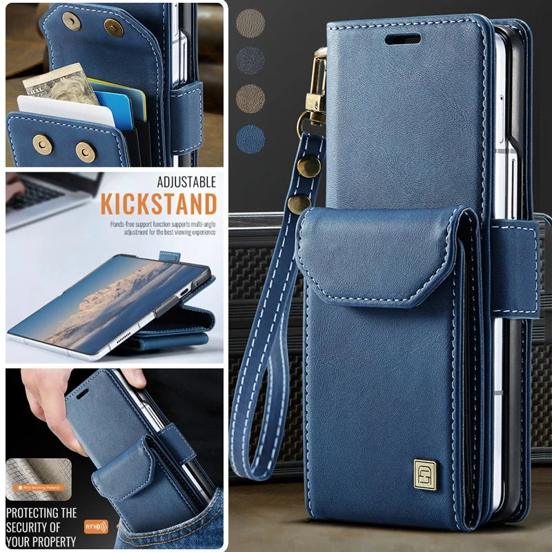 Wrist Strap Leather Wallet Phone Case for Samsung Galaxy Z Fold 8 Ultra 7 6 5 Fold8 Fold7 Fold6 Cards Holder Funda Cover Hoseje