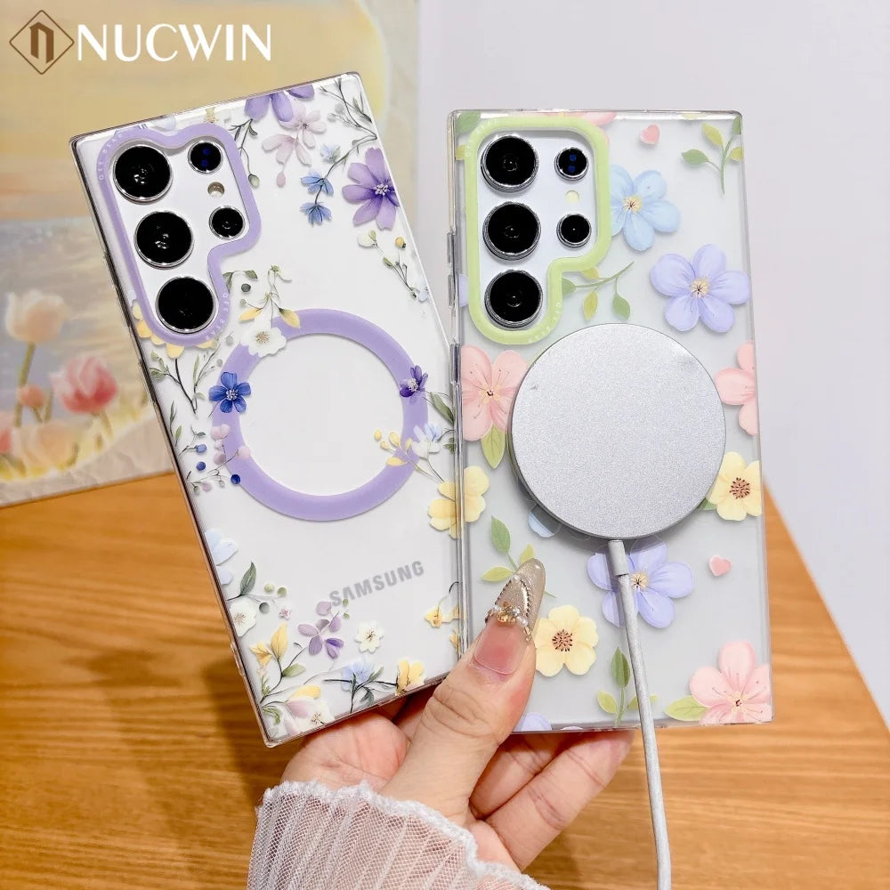 Imd Skin friendly for Magnetic Case for Samsung Galaxy S26 Ultra S26 Pro S25 S24 Plus Ultra S23 Ultra Flowers Transparent Cover