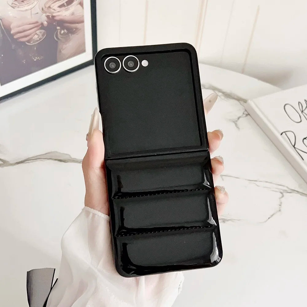 Korean Ins Glossy Leather Down Jacket Phone Case For Samsung Galaxy Z Flip 7 6 5 4 3 Solid Color Shockproof Protetion Back Cover