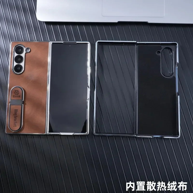 Leather Bracket Phone Case For Samsung Galaxy Z Fold 7 6 5 4 3 Electroplated Z Fold7 Fold6 Fold5 Fold4 Fold3 Protective Cover