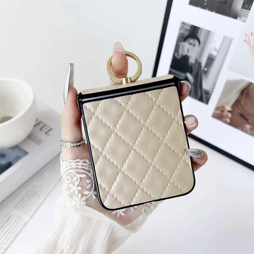 Leather Finger Ring Buckle Case For Samsung Galaxy Z Flip 6 5 4 3 Grid Pattern Stand Holder Shockproof For Galaxy Flip 6 Cover