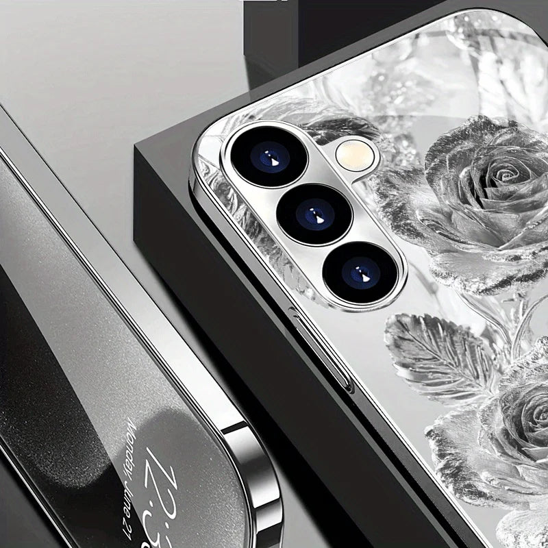 Gold-plated tempered glass phone case, compatible Galaxy S26 S25 S24 S23 S22 Ultra Plus. Features a silver rose design.