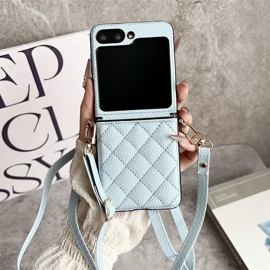 Luxury Crossbody Lanyard Rhombus Pattern PU Leather Phone Case For Samsung Galaxy Z Flip 8 7 FE 6 5 4 5G Hinge Protector Cover