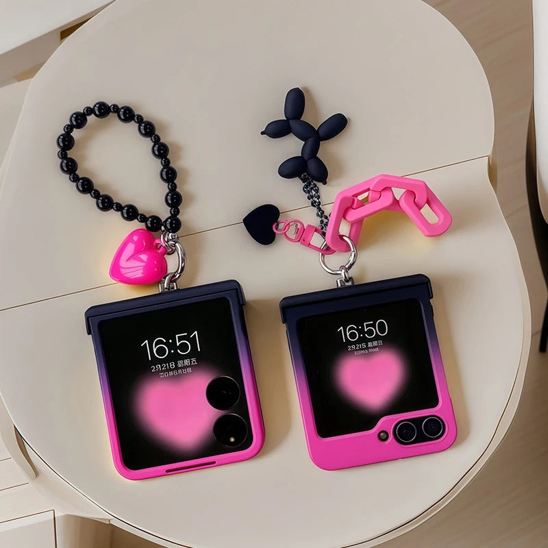 Black Rose Gradient Chain Hinge Case For Samsung Galaxy Z Flip 3 4 5 6 7 For Motorola Razr 50 60 Ultra Xiaomi Mix Flip 2 Cover