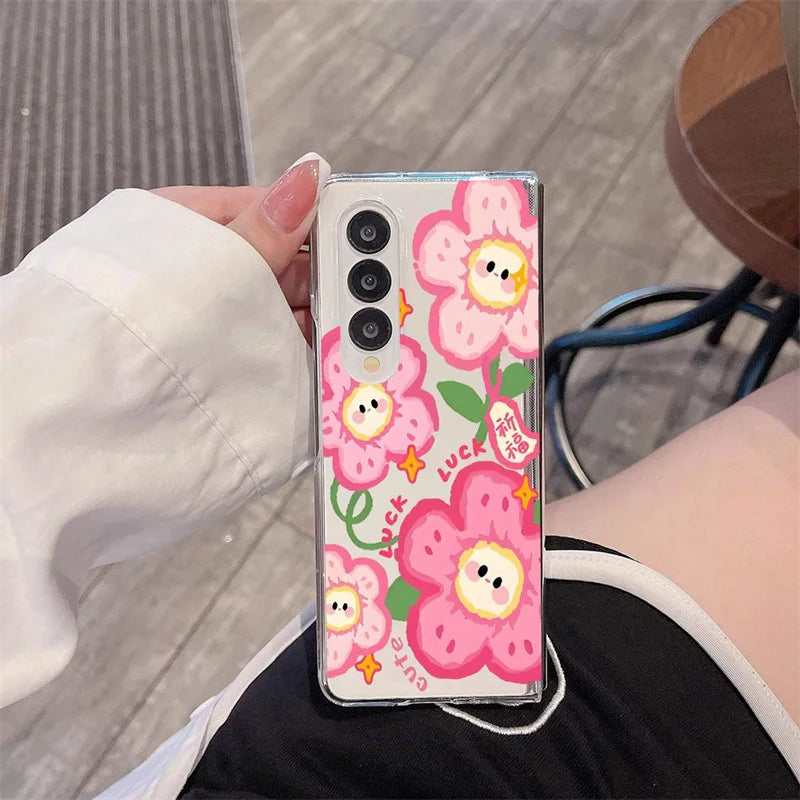 Pink Flower Pattern Phone Case For Samsung Galaxy Z Fold 7 Z Fold 6 5 Z Fold 4 3 2 Z Fold SE W25 Shockproof Protection Cover