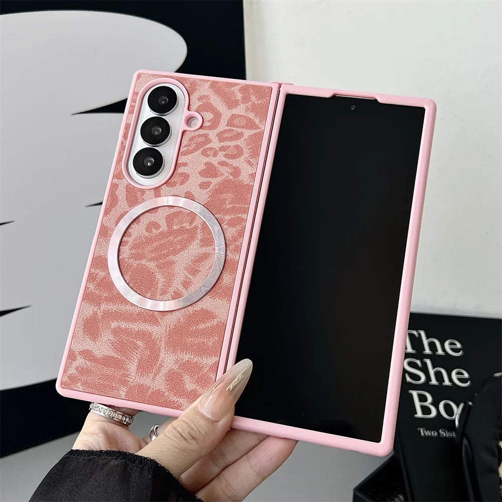 Luxury Gradient Leopard Pattern For Magsafe Magnetic Phone Case for Samsung Z Fold 7 6 5 4 3 Wireless Charging Protective Cover