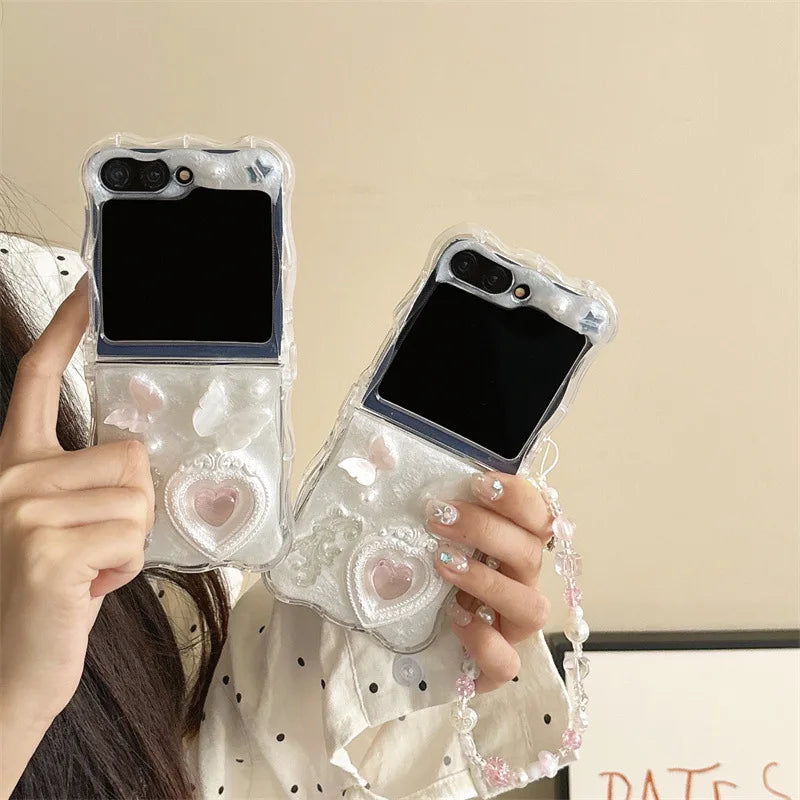 Luxury 3D Butterfly Love Heart Wavy Phone Case For Samsung Galaxy Z Flip 7 6 5 4 3 Zflip7 Zflip6 With Lanyard Shockproof Cover