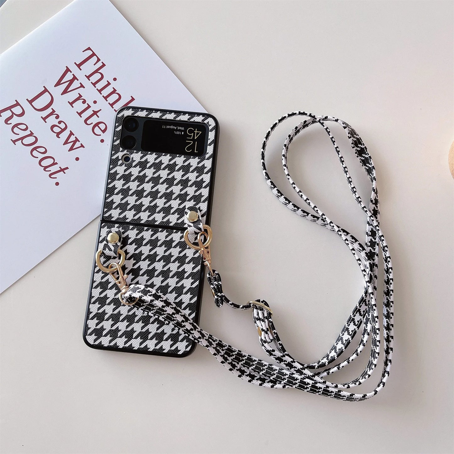 Crossbody Long Lanyard Necklace Strap Houndstooth Leather Case For Samsung Galaxy Z Flip 7 6 5 4 3 5G Flip7 Cover With Rope