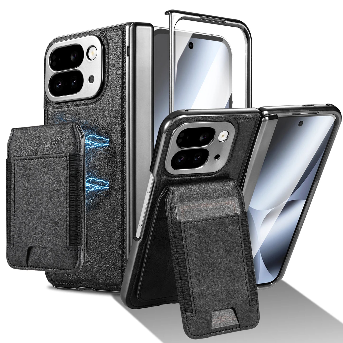 Leather stand protective strap and magnetic tempered glass screen protector phone case for Google Pixel 10 Pro Fold