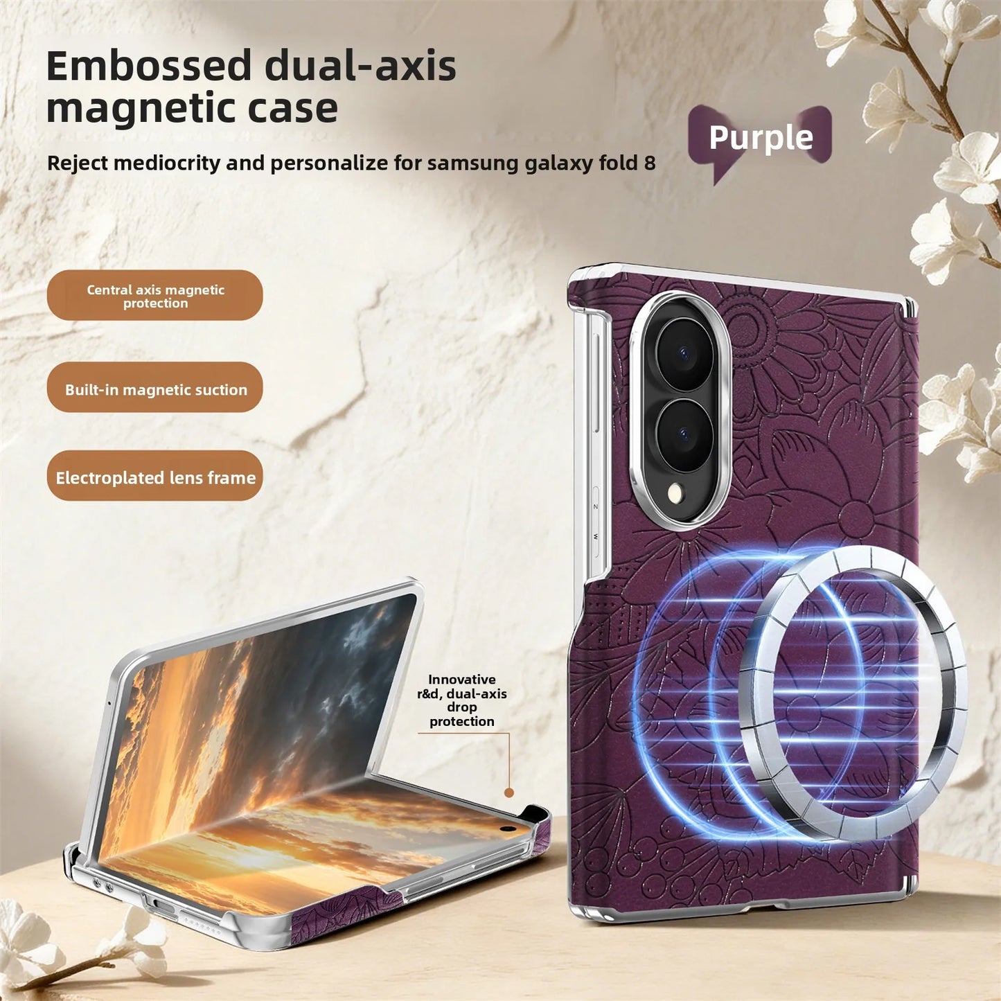 ‌Fashionable Magnetic Embossed Leather Case for Samsung Z Fold 8 Wide Shockproof for Magsafe Central Axis Protection‌ Slim Cover