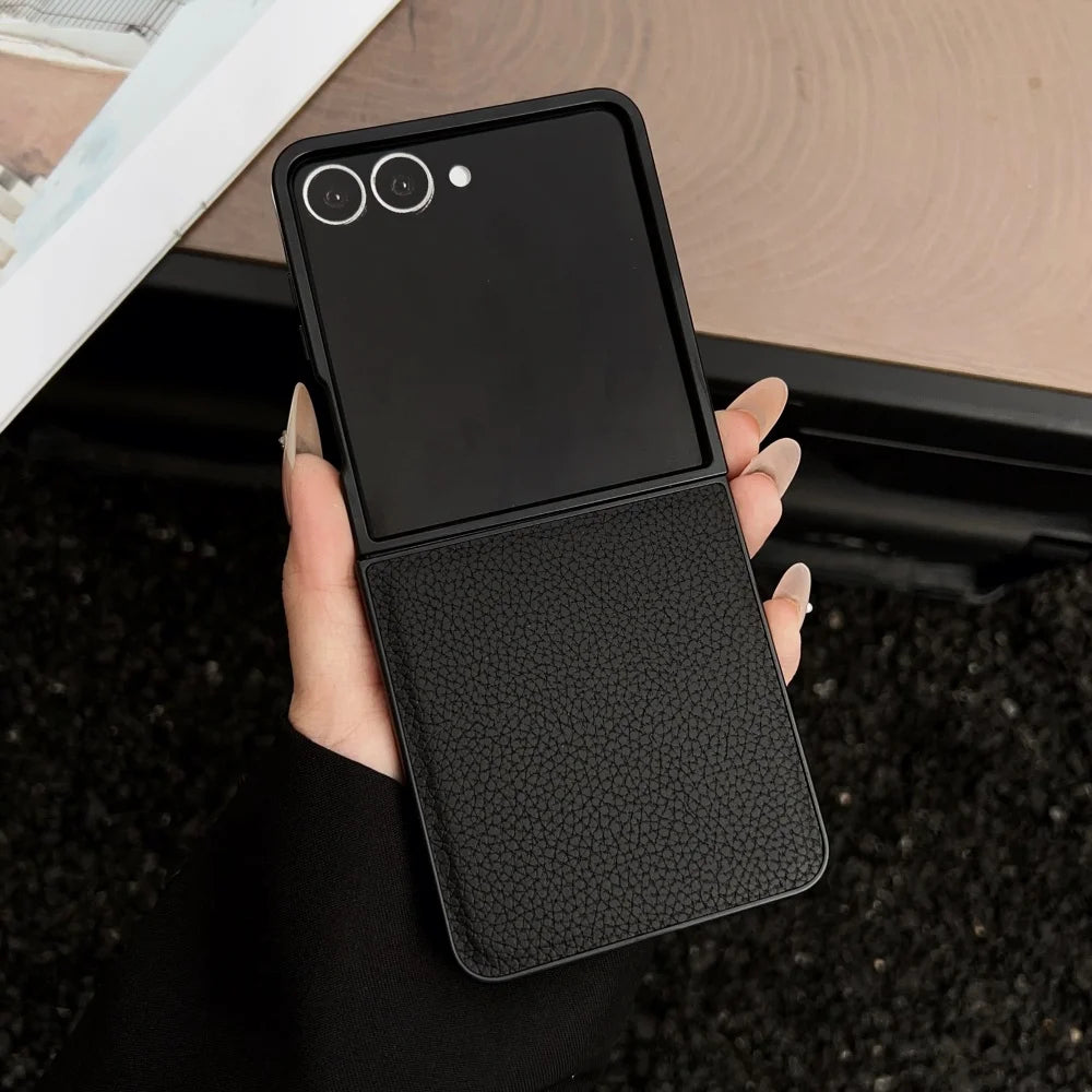 Luxury Lychee Pattern Leather Phone Case For Samsung Galaxy Z Flip 7 6 5 4 3 5G Shockproof Soft Cover For ZFlip6 Flip5 Flip4